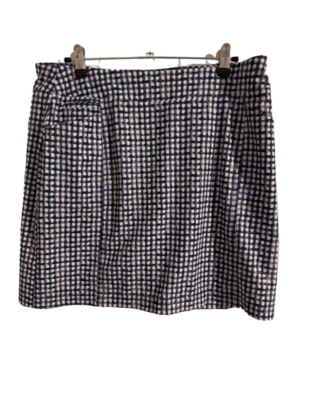 Chico’s Zenergy Size 1 Blue Ivory Silver Metallic Gingham Geometric Skort